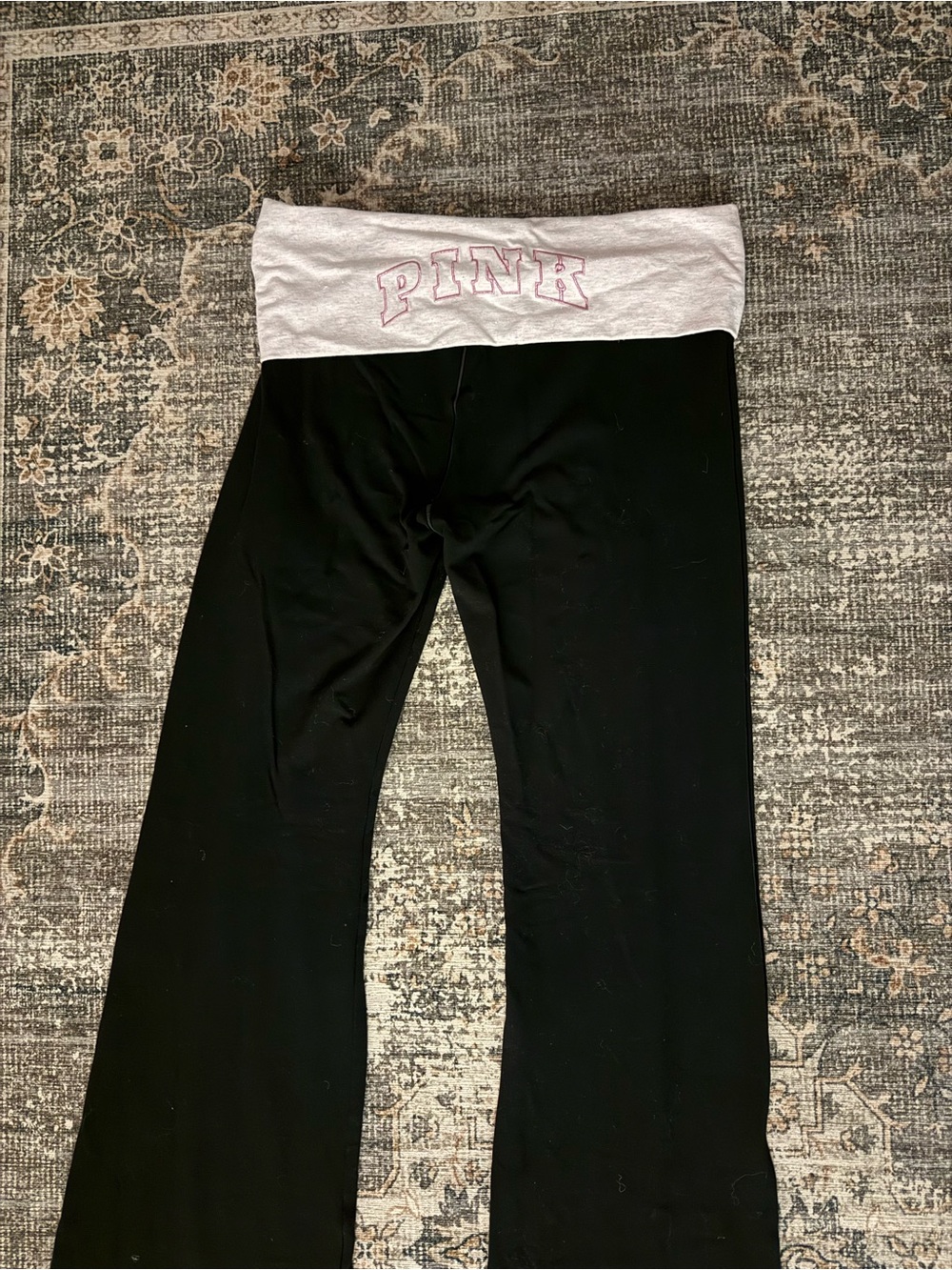 PINK Victoria's Secret Black Leggings with Pink Fold-Over Waist and Pink Logo